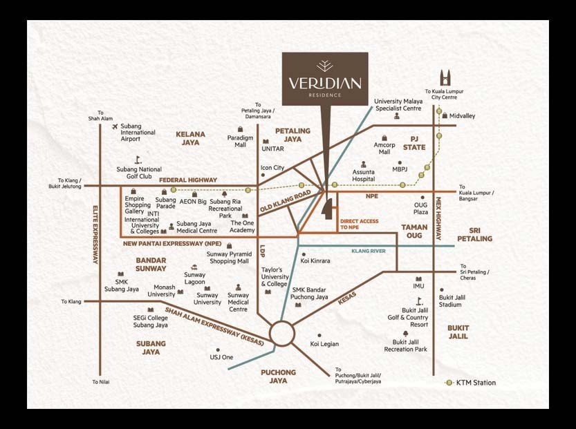 Veridian Residence connectivity map — NPE, Federal Highway, KESAS and LDP linking PJS 5 to Bandar Sunway, Subang Jaya and Kuala Lumpur