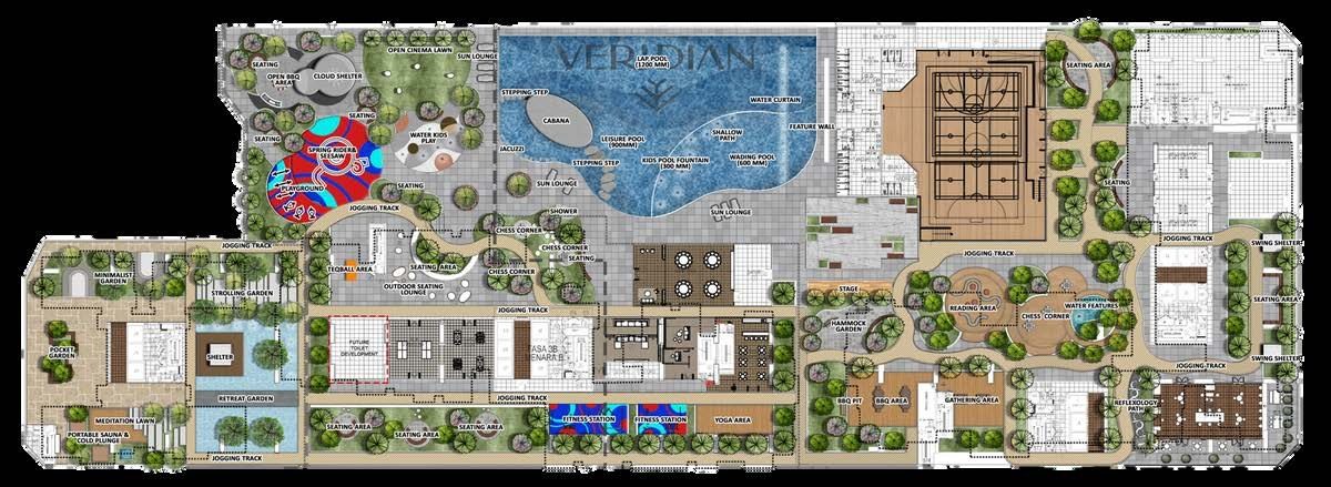 Veridian Residence facilities master plan — pools, gardens, jogging track, courts and play areas