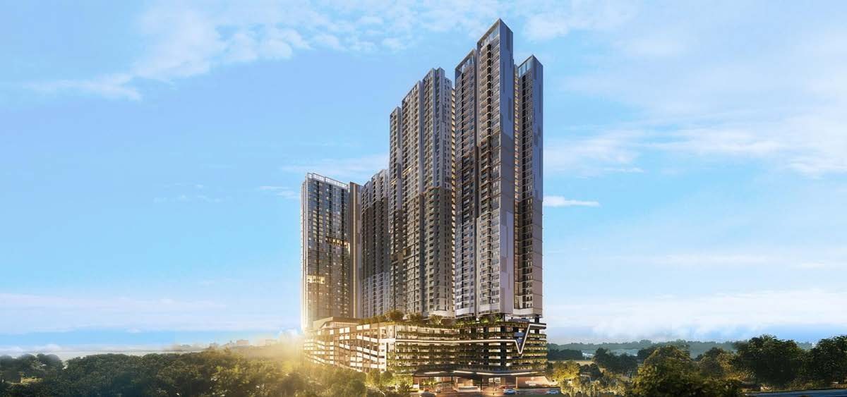 Veridian Residence daytime facade artist impression — three towers above the V Town retail podium