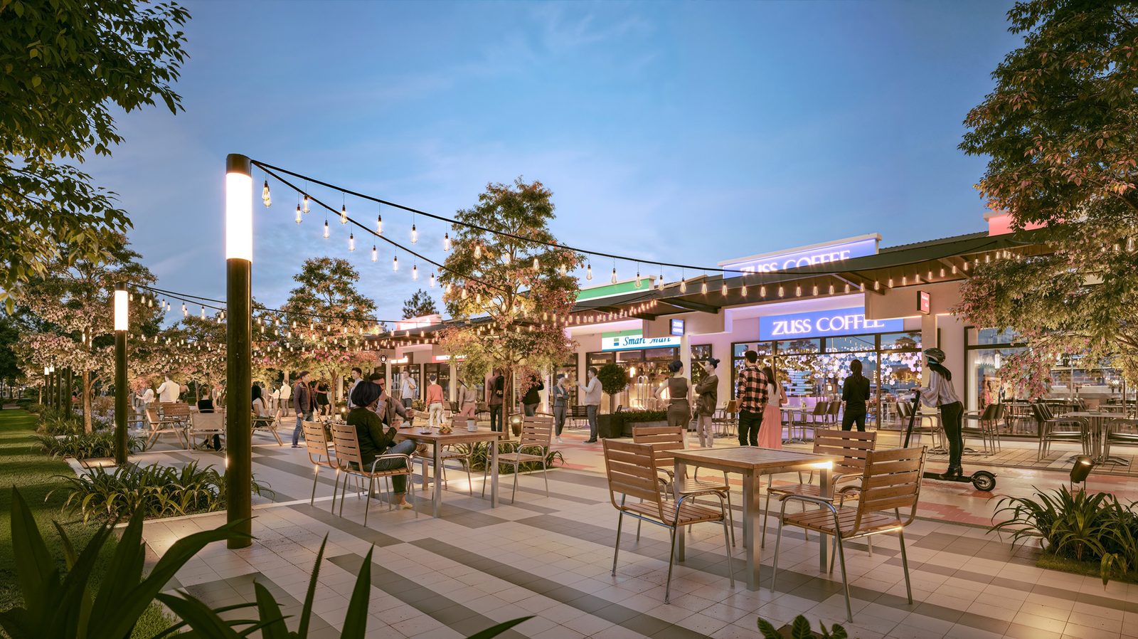 V Town retail plaza artist impression — al-fresco cafes and landscaped walkways