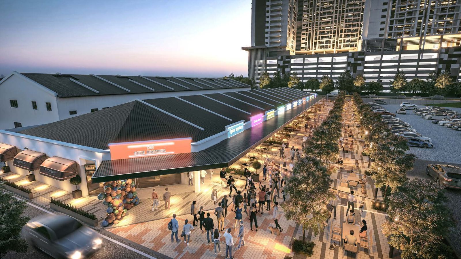 V Town dining street artist impression — evening food and beverage promenade