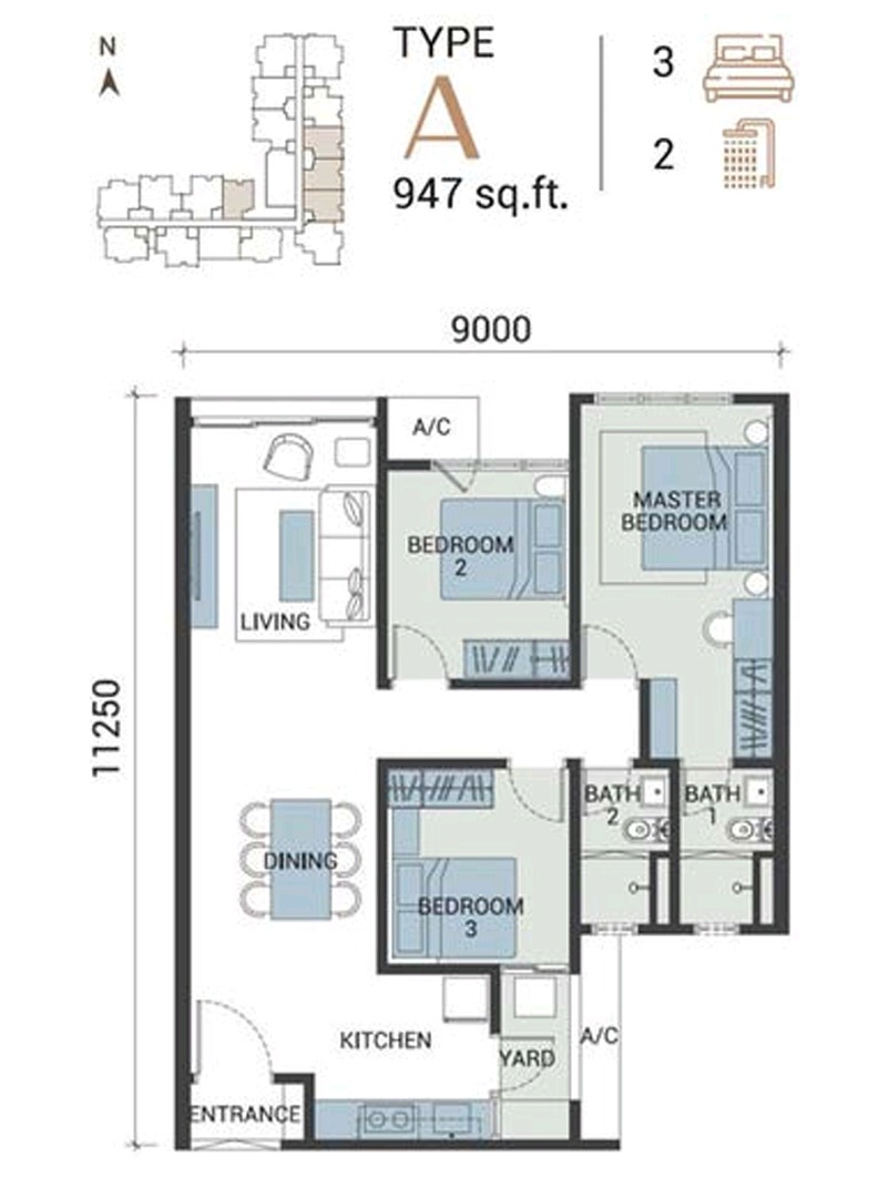 Veridian Residence Type A floor plan — 947 sq.ft, 3 bedrooms 2 bathrooms