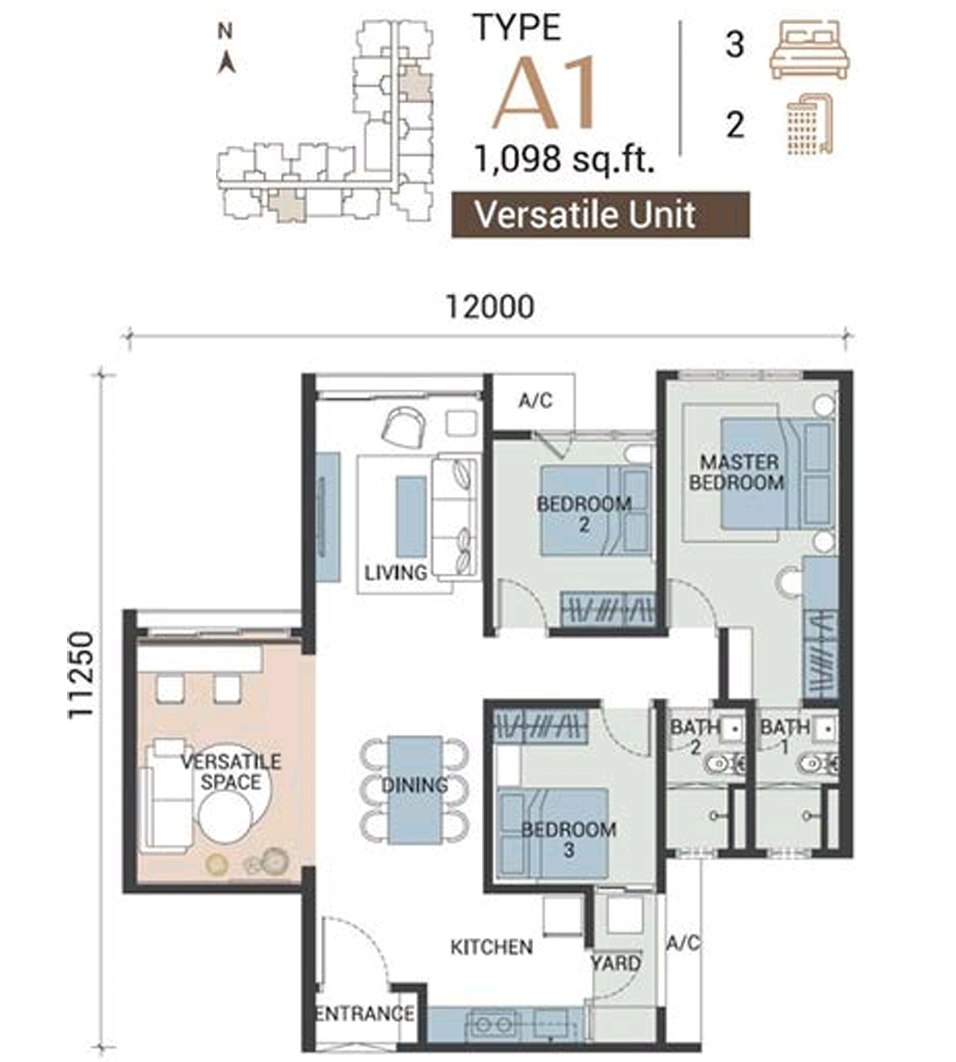 Veridian Residence Type A1 floor plan — 1,098 sq.ft versatile unit, 3 bedrooms 2 bathrooms