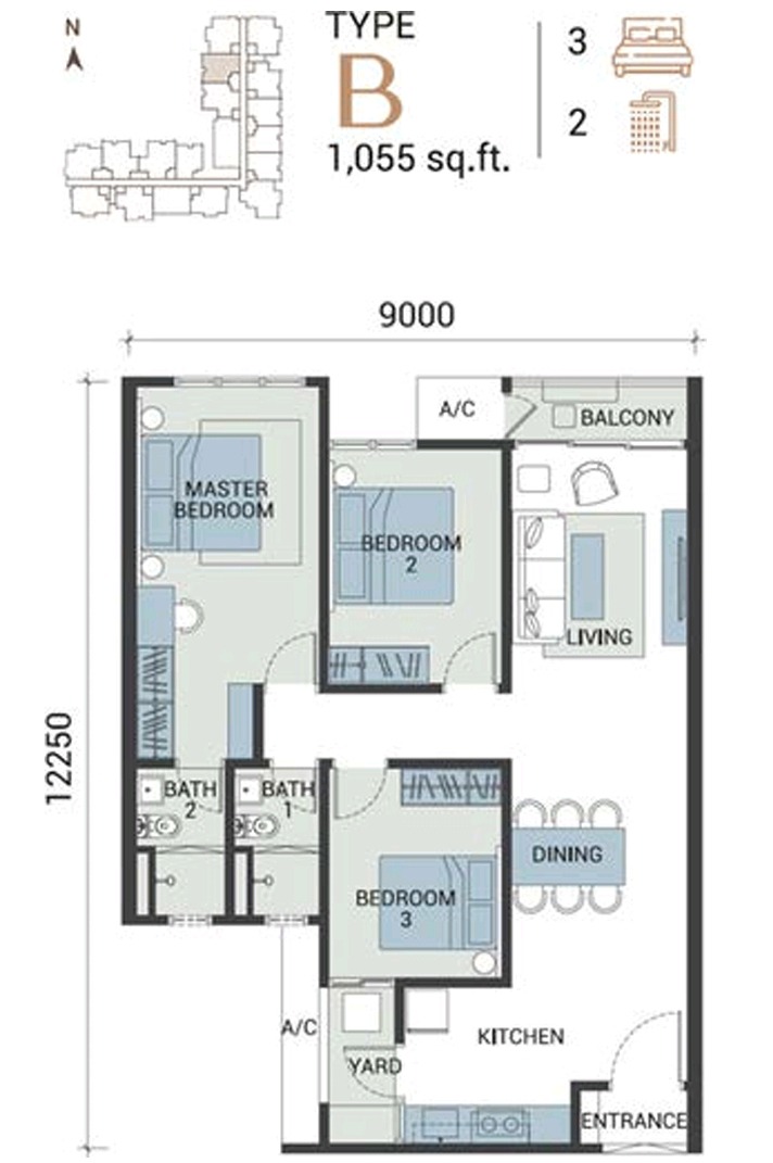 Veridian Residence Type B floor plan — 1,055 sq.ft, 3 bedrooms 2 bathrooms with balcony