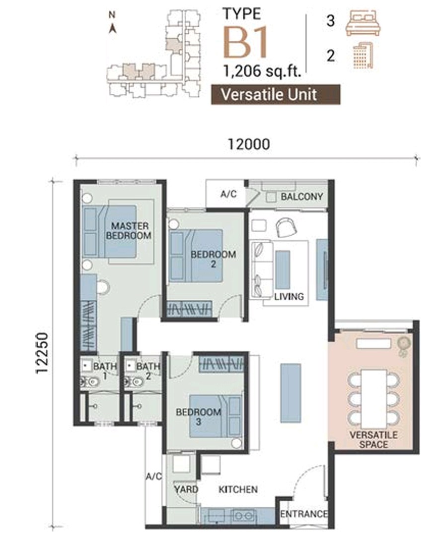 Veridian Residence Type B1 floor plan — 1,206 sq.ft versatile unit, 3 bedrooms 2 bathrooms