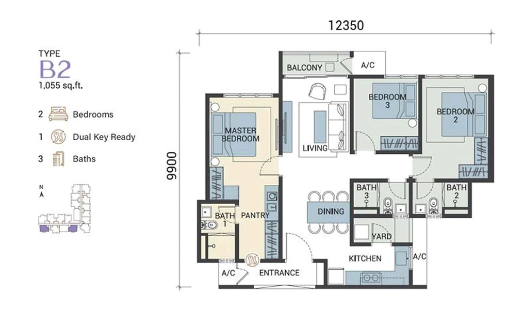 Veridian Residence Type B2 floor plan — 1,055 sq.ft dual-key ready, 2+1 bedrooms 3 bathrooms