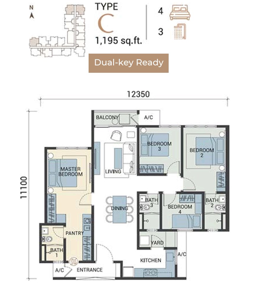 Veridian Residence Type C floor plan — 1,195 sq.ft dual-key ready, 4 bedrooms 3 bathrooms