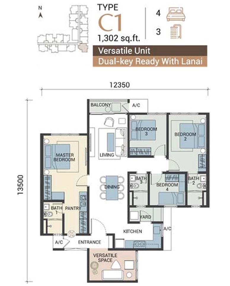 Veridian Residence Type C1 floor plan — 1,302 sq.ft versatile dual-key with lanai, 4 bedrooms 3 bathrooms